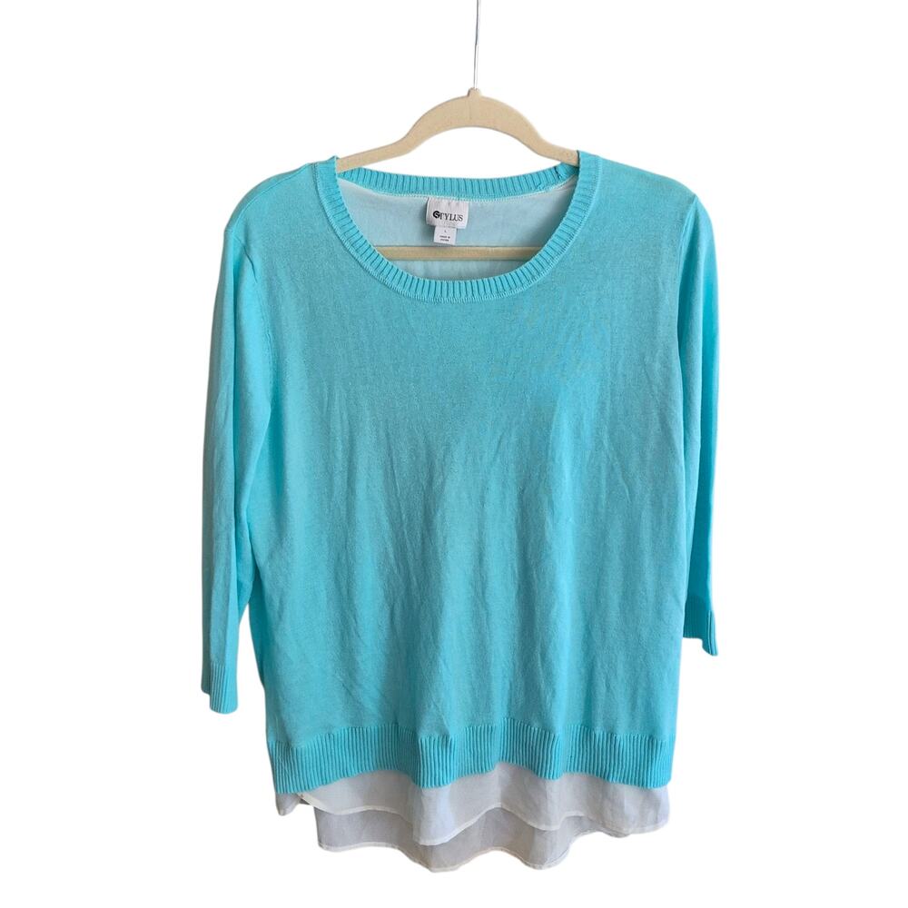 Unique‎ Women Sweater Size L Stylus Aruba Blue Multi layered Look White New Y2K